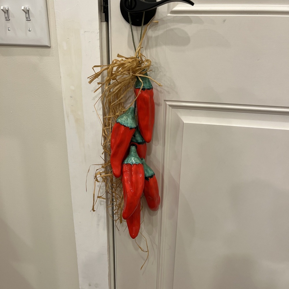 Vintage Ceramic Red Hot Chili Peppers Hanging On Jute (6), Pottery